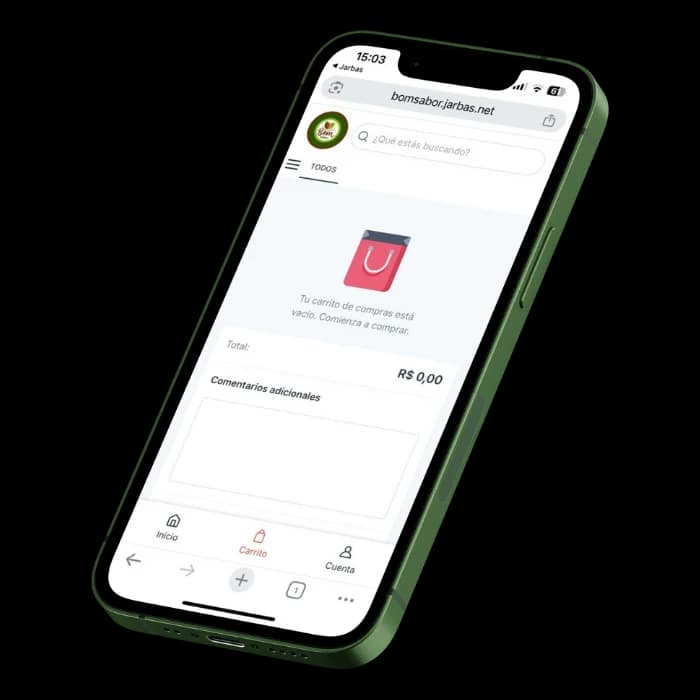 Pantalla del menú digital de Jarbas con carrito vacío y campo para comentarios