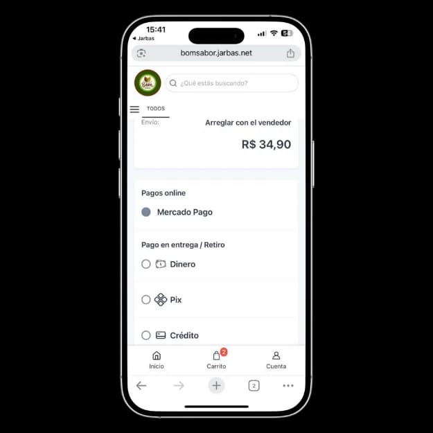 Pantalla de menú digital de Jarbas mostrando opciones de pago y valor de entrega
