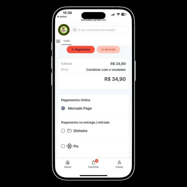 Tela do menu digital do Jarbas mostrando opções de pagamento e valor de entrega