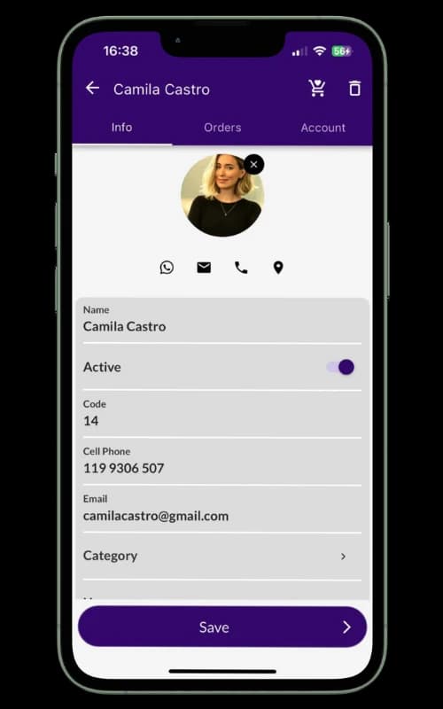 Jarbas screen displaying customer details with contact information and address