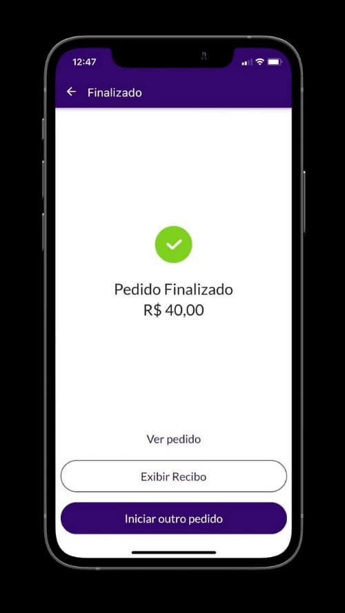 Jarbas screen confirming finalized order with value and receipt options
