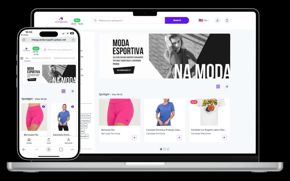 Jarbas' virtual storefront displayed on mobile phones and laptops, featuring products and banners.