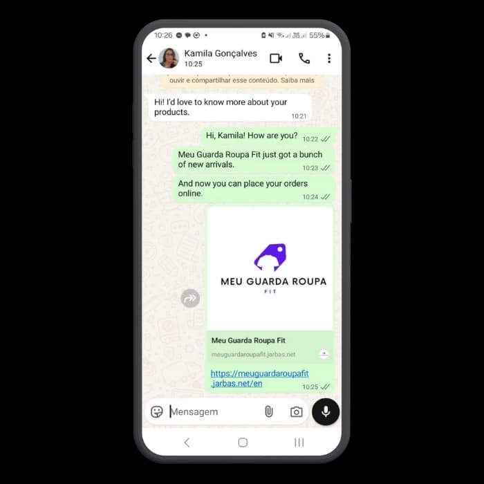 WhatsApp sending of the virtual showcase link created in Jarbas to the customer