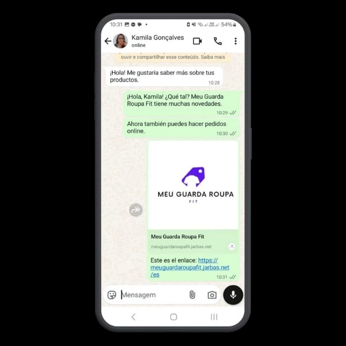 Envío del enlace a la tienda virtual creada en Jarbas al cliente vía WhatsApp.