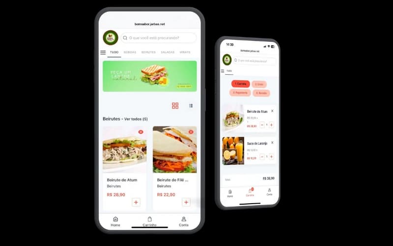 Menu digital do Jarbas exibindo produtos, categorias e itens adicionados ao carrinho