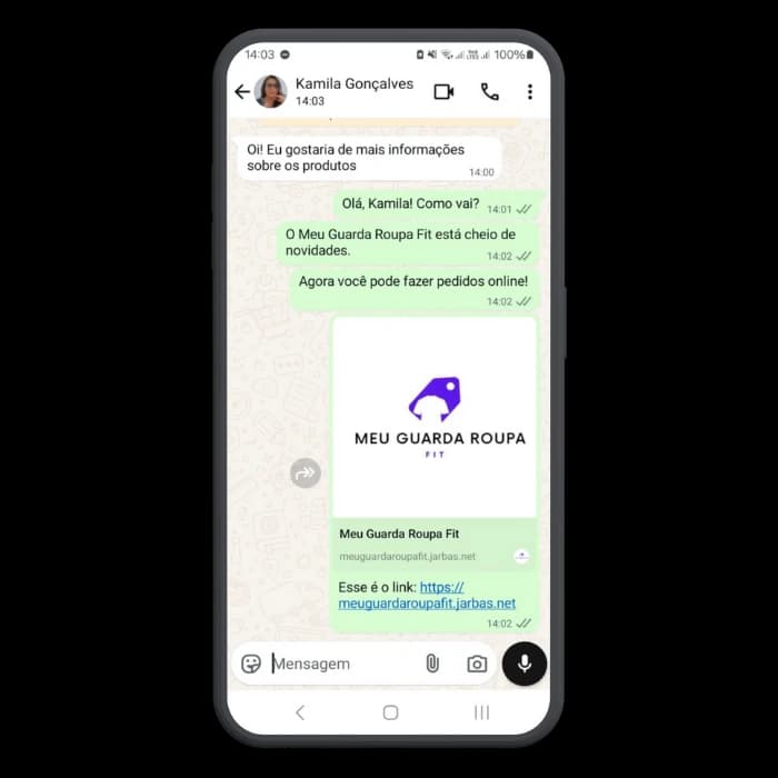 Envio pelo WhatsApp do link da vitrine virtual criada no Jarbas para o cliente