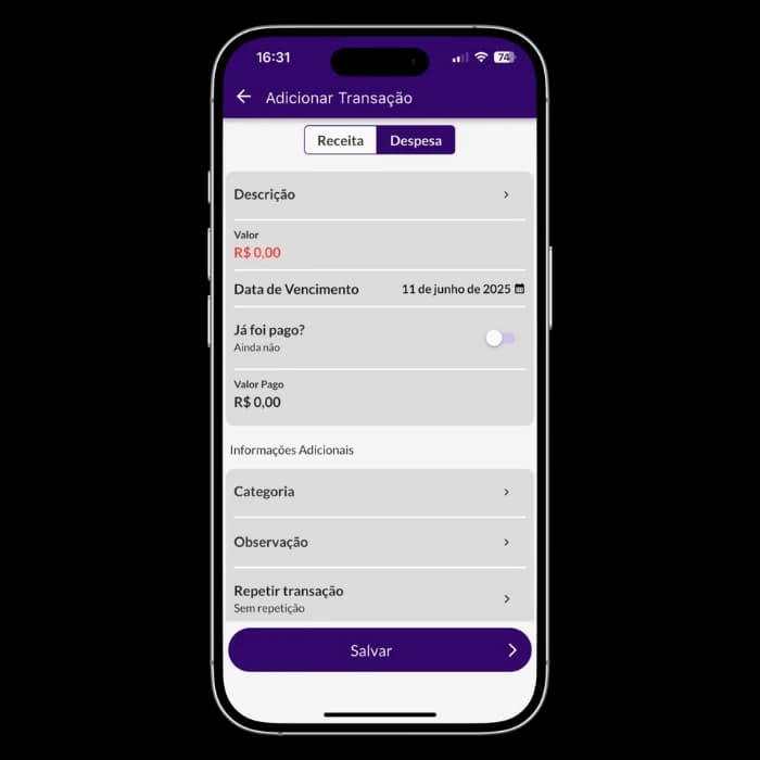 Tela do Jarbas adicionando uma transação com valor, data de vencimento e categoria.