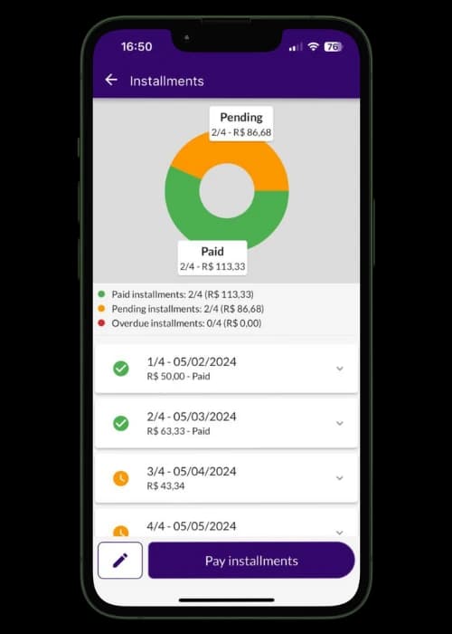 Jarbas showing paid and pending installments of a sale in the app