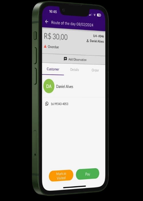 Jarbas showing overdue installment with customer data and payment options