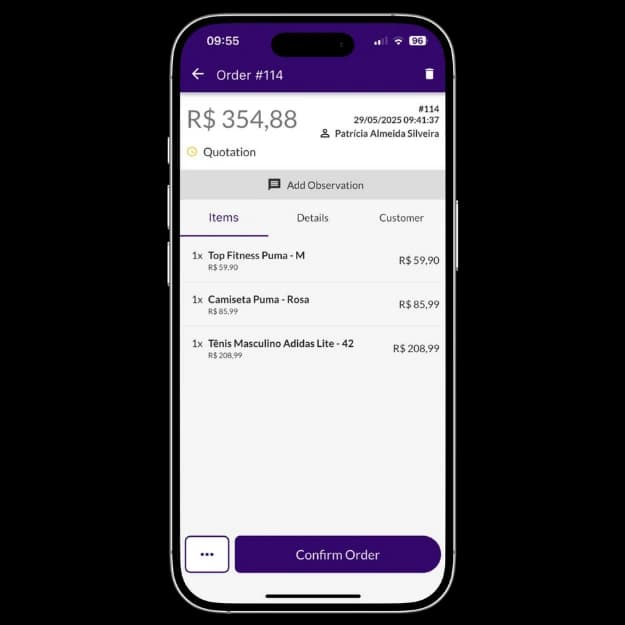 Jarbas screen showing order with list of products and total value for confirmation