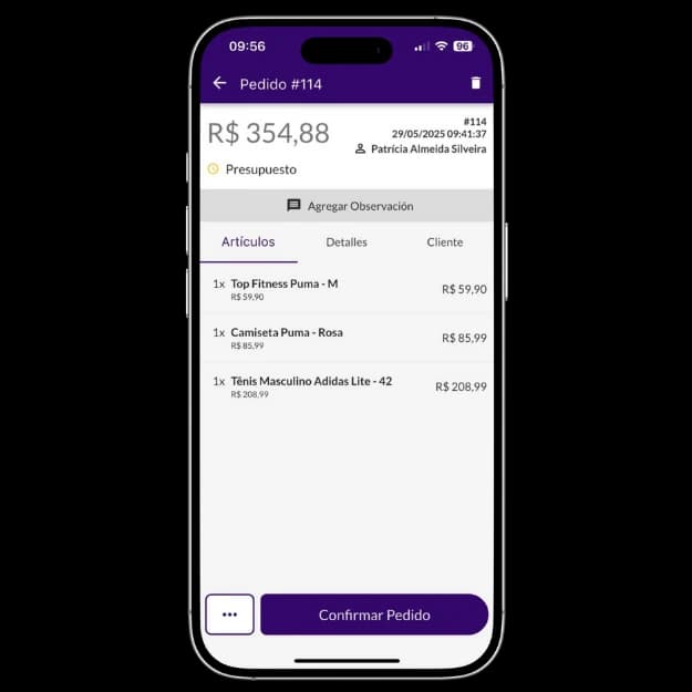 Pantalla de Jarbas mostrando el pedido con lista de productos y valor total para confirmación.