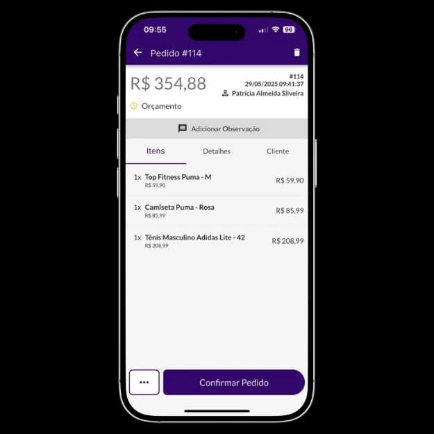 Tela do Jarbas mostrando pedido com lista de produtos e valor total para confirmação