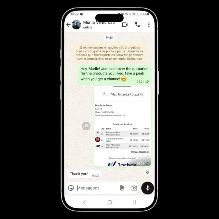 Jarbas quotation sending via WhatsApp with list of products and values