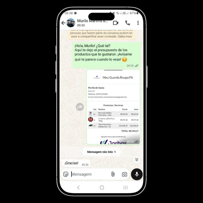 Jarbas enviará una cotización vía WhatsApp, incluyendo una lista de productos y precios.
