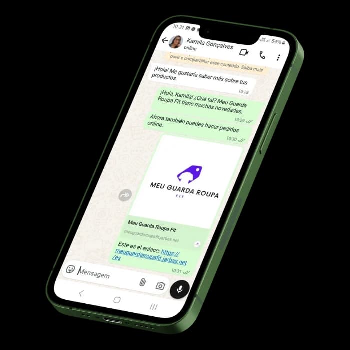 Mensaje de WhatsApp que comparte un enlace a la tienda virtual creada en Jarbas.