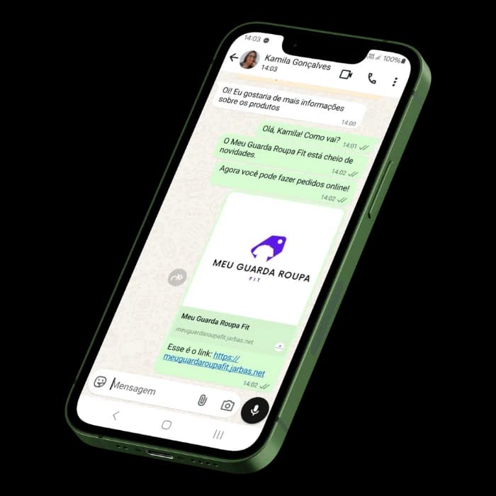 Mensagem no WhatsApp compartilhando link da vitrine virtual criada no Jarbas