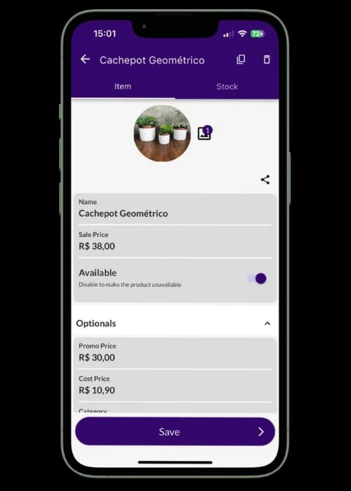Jarbas' screen showing him editing a product registration with price, availability, and options.