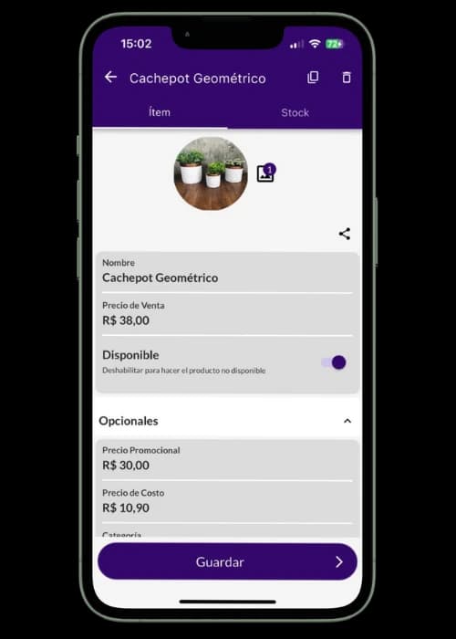 Pantalla de Jarbas que lo muestra editando un registro de producto con precio, disponibilidad y opciones.