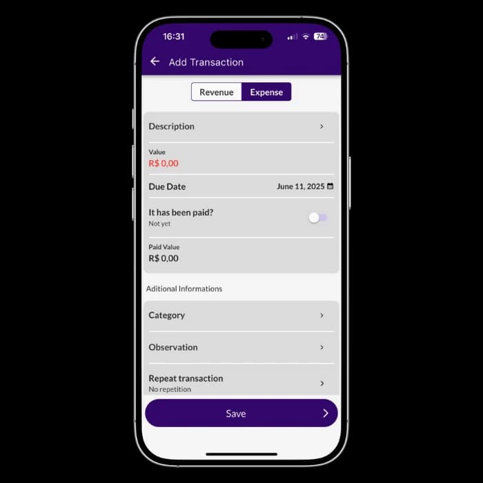Jarbas' screen showing how to add a transaction with value, due date, and category.