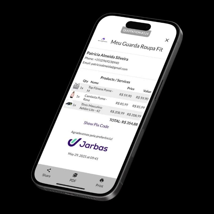 Jarbas screen displaying detailed quotation with products, values and total