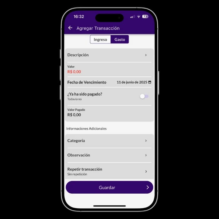 Pantalla de Jarbas que muestra cómo agregar una transacción con valor, fecha de vencimiento y categoría.
