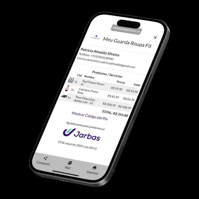 Pantalla de Jarbas mostrando una cotización detallada con productos, precios y total.