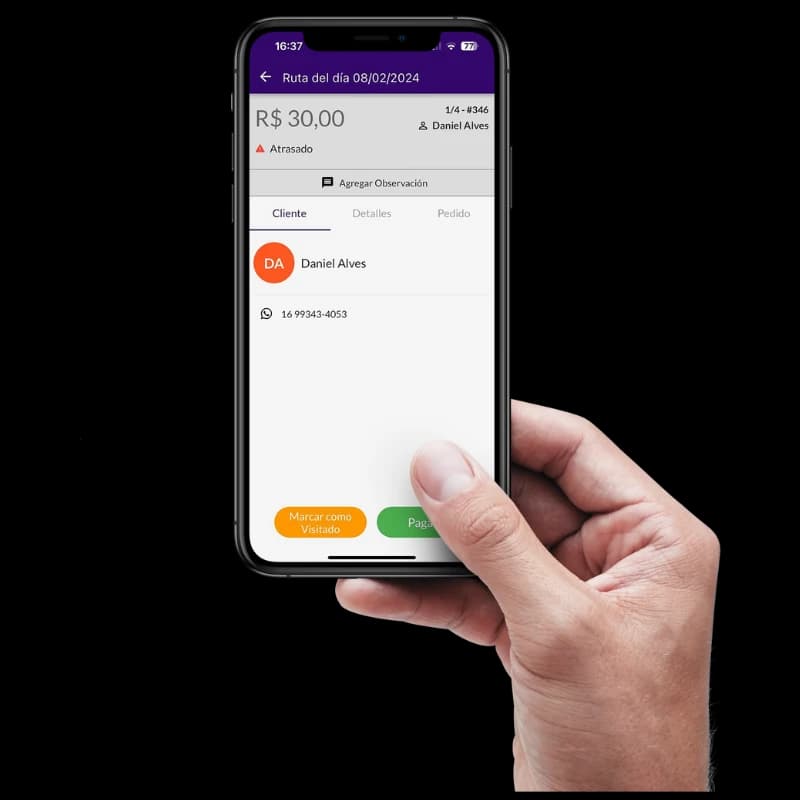 Pantalla de Jarbas mostrando cuota vencida con datos del cliente y opciones de acción