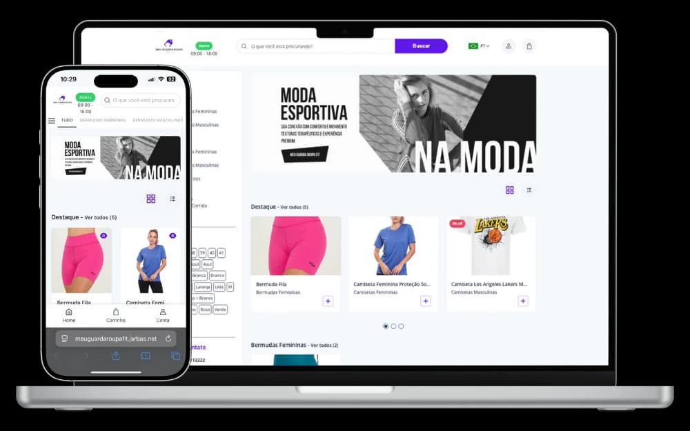 Vitrine virtual do Jarbas exibida em celular e laptop com produtos e banner