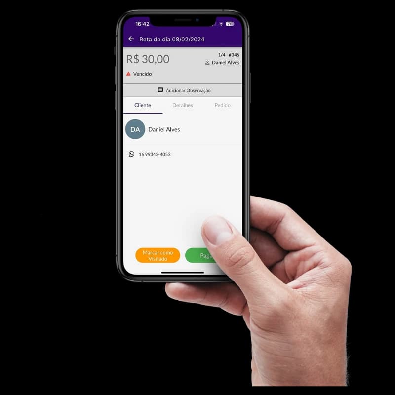 Tela do Jarbas mostrando parcela em atraso com dados do cliente e opções de ação