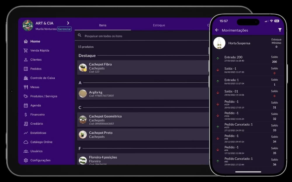 Tela do Jarbas mostrando itens do estoque e movimentações detalhadas de produtos