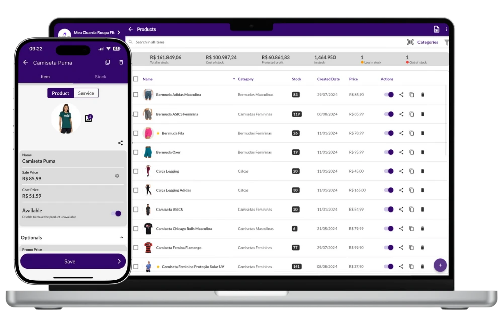Jarbas screen displaying product editing and stock list on desktop