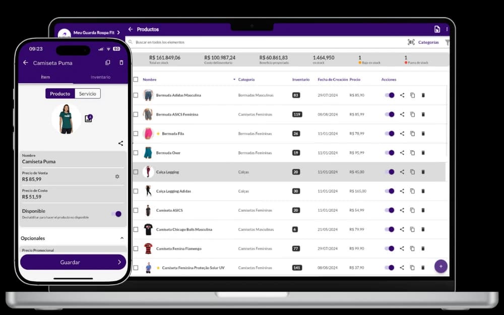 Pantalla de Jarbas que muestra la edición de productos y la lista de inventario en el escritorio.