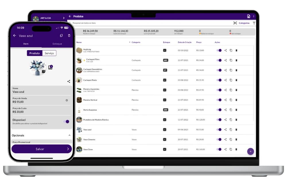 Tela do Jarbas exibindo edição de produto e lista de estoque no desktop