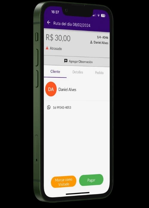 Pantalla de Jarbas mostrando cuota vencida con datos del cliente y opciones de pago