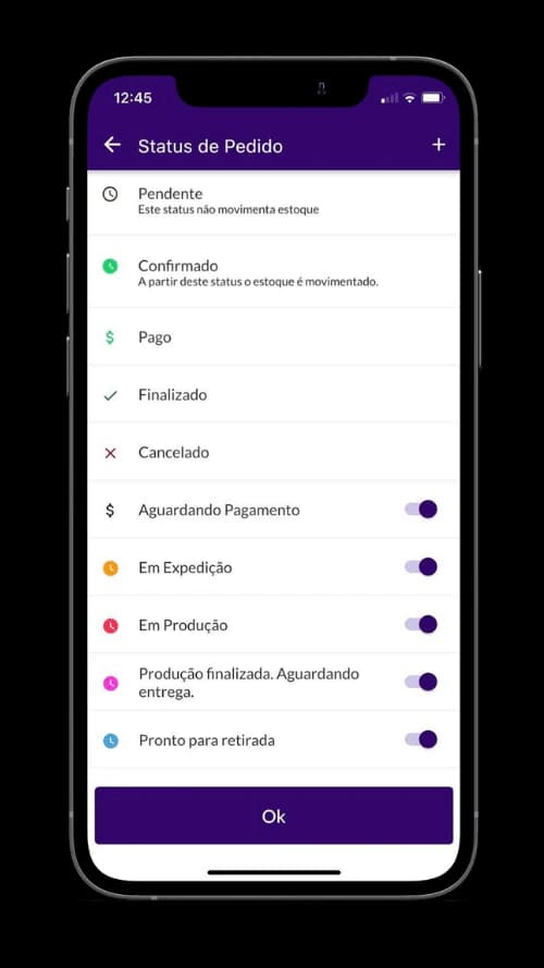 Jarbas displaying order status list with activated or not options