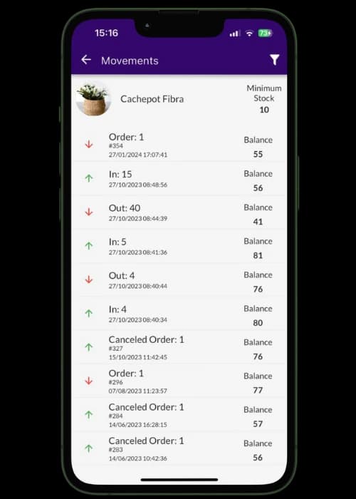 Jarbas' screen displaying product inventory control with current balance and adjustments.