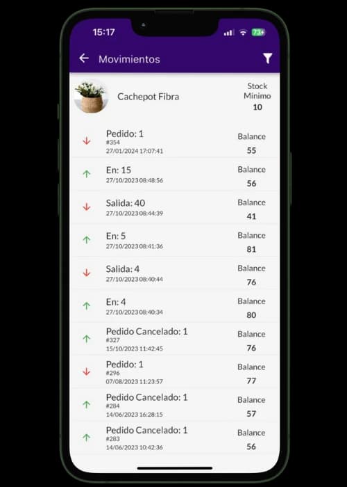 Pantalla de Jarbas mostrando el control de inventario de productos con saldo actual y ajustes.