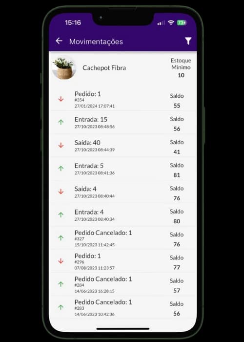 Tela do Jarbas exibindo controle de estoque do produto com saldo atual e ajustes