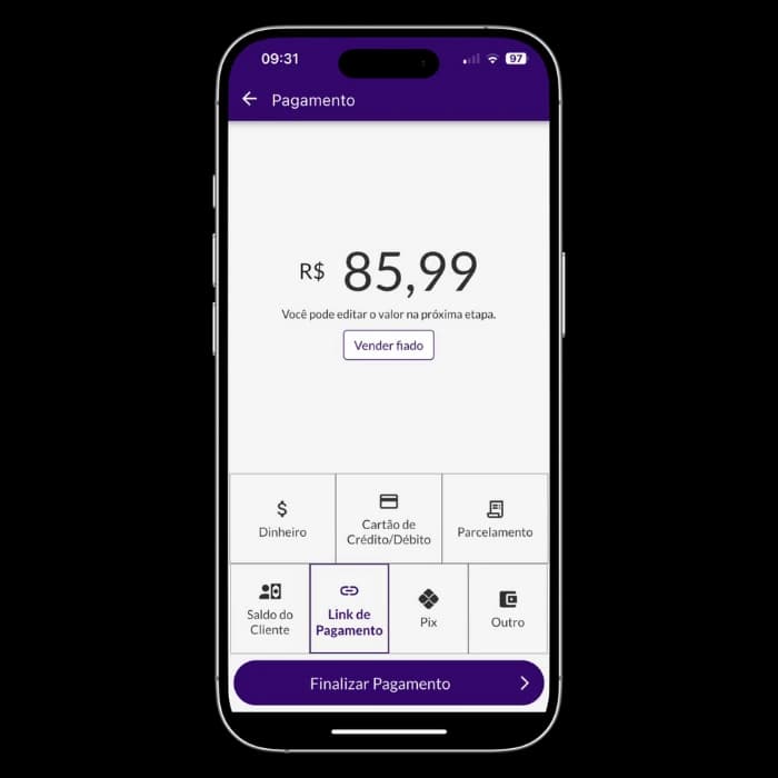 Tela do Jarbas exibindo opções de pagamento e valor para gerar link de cobrança